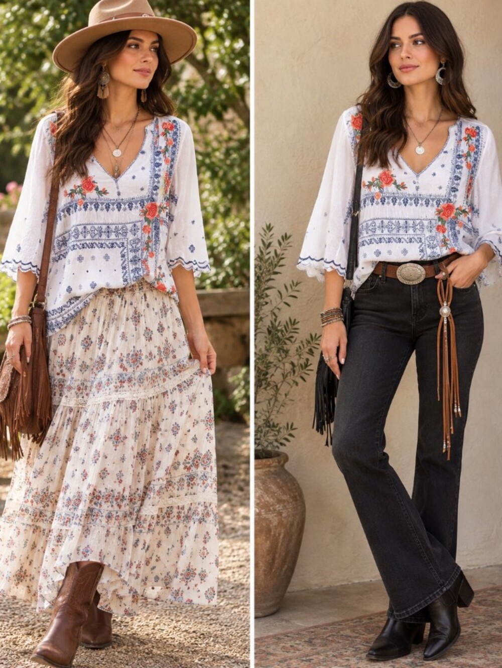 VINTAGE JOHNNY WAS Bennet Floral Boho Embroidered Top M
